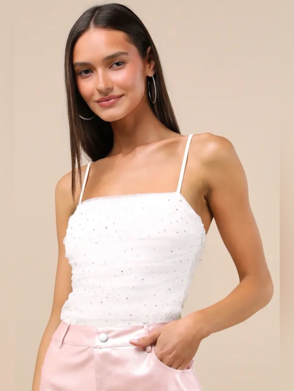 BRAND NEW women’s small ‘Lulu’s’ white rhinestone mesh ruched bodysuit
